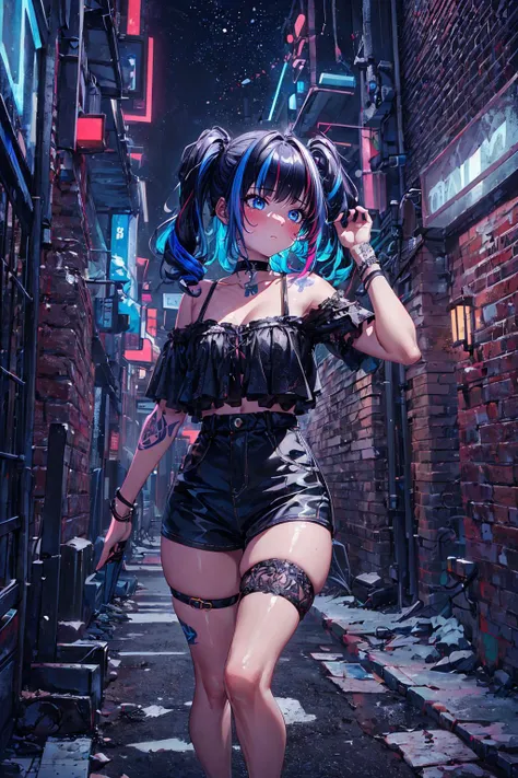 (best quality, masterpiece), (extremely detailed:1.3), 8k, cinematic lighting, (1girl), scenery, HDR, (fractal art:1.2), intricate design, solo, streaked hair, choker, thigh strap, tattoo, vibrant colors, urban, neon, brick wall, concrete, casual, dynamic pose, looking away, blacklight, <lora:blacklight:1>   <lora:add_detail:0.5> night,, swept bangs, twin ponytails, twin drills,