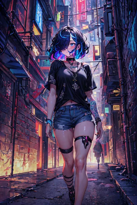 (best quality, masterpiece), (extremely detailed:1.3), 8k, cinematic lighting, (1girl), scenery, HDR, (fractal art:1.2), intricate design, solo, streaked hair, choker, thigh strap, tattoo, vibrant colors, urban, neon, brick wall, concrete, casual, dynamic pose, looking away, blacklight, <lora:blacklight:1> <lora:add_detail:0.5> night,, hair over one eye, bob, wavy hair,