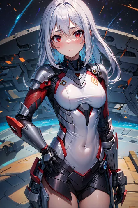 (masterpiece, best quality:1.4) BREAK (1girl:1.2), (galaxy, nova:1.1), (white hair, red eye:1.1), armored-core, Fires of Rubicon, ayre, Reddish contour lines, Sci-fi attire, white clothing, long hair, fleeting mood, tiny breasts, expressionless, show from the face to the hips,