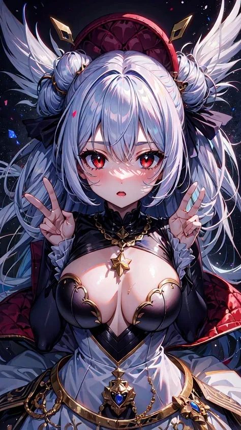 (masterpiece, best quality:1.4) BREAK 1girl, silver hair, topknot, red eyes