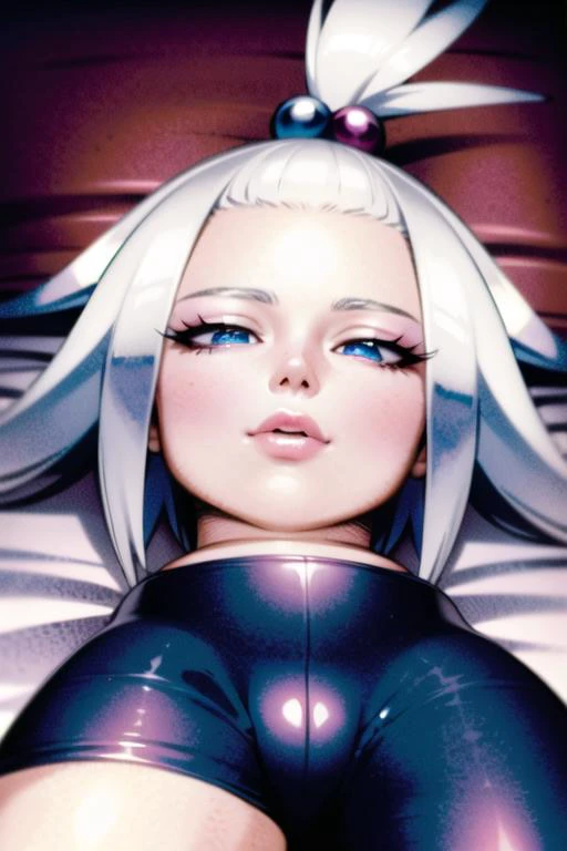 best quality, highly detailed, masterpiece, (official art:1.2), extremely detailed face, beautiful face, (detailed eyes, deep eyes:1.2), 1girl, solo, roxie \(pokemon\), topknot, sidesqept bangs, Roxie, white hair, blue eyes, striped dress, <lora:roxiePokemonBW2Lora_v10:0.8>, indoors, (((laying down back))), sleeping, bedroom, bed, pillow head, closed eyes, o mouth, long high ponytail, (long eyelashes:1.2), bike shorts, closeup