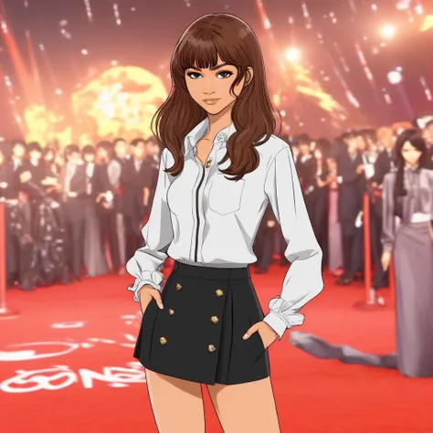 anime artwork 1girl, Zendaya woman, on blouse, shirt tucked in, dark skirt, on a red carpet<lora:zendaya:1> <lora:offset_0.2:1> . anime style, key visual, vibrant, studio anime, highly detailed