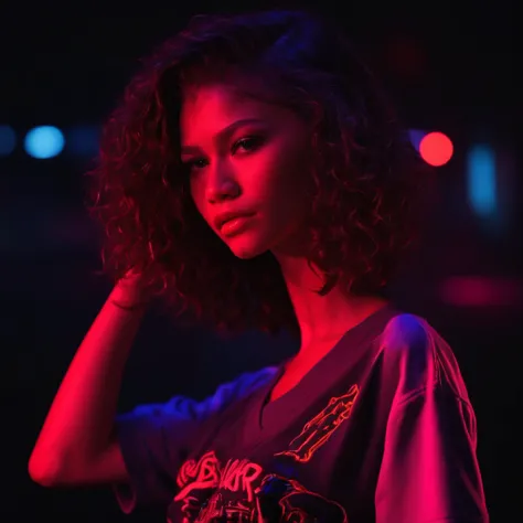 Neon noir 1girl, Zendaya woman, close up, v-neck shirt, dark background <lora:zendaya:1> . Cyberpunk, dark, rainy streets, neon signs, high contrast, low light, vibrant, highly detailed