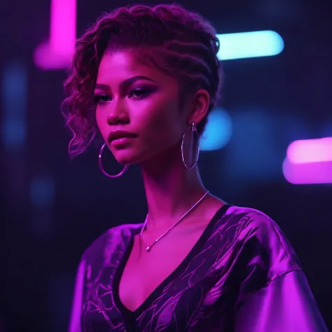 neonpunk style 1girl, Zendaya woman, close up, v-neck shirt, dark background <lora:zendaya:1> <lora:offset_0.2:1> . cyberpunk, vaporwave, neon, vibes, vibrant, stunningly beautiful, crisp, detailed, sleek, ultramodern, magenta highlights, dark purple shadows, high contrast, cinematic, ultra detailed, intricate, professional