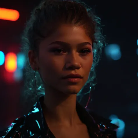 Neon noir 1girl, Zendaya woman, close up, v-neck shirt, dark background <lora:zendaya:1> <lora:offset_0.2:1> . Cyberpunk, dark, rainy streets, neon signs, high contrast, low light, vibrant, highly detailed