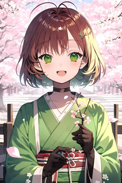 <lora:karohroka:1>, trnyteal, 1girl, smile, gloves, branch, bangs, holding, :d, bow, outdoors, flower, ribbon, kimono, petals, choker, green eyes, cherry blossoms, brown hair, short hair, looking at viewer, open mouth, upper body, japanese clothes, antenna hair, hair intakes