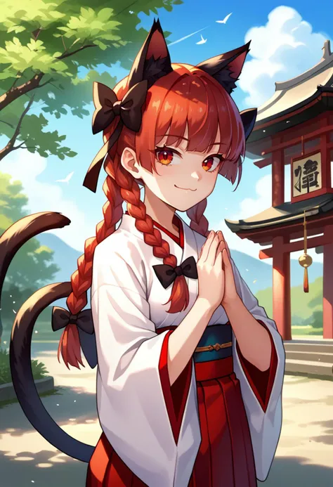 score_9, score_8_up, score_7_up, source_anime, solo, 1girl, kaenbyou rin, smile, looking at viewer, praying, twin braids, hair bow, black bow, animal ears, miko, japanese clothes, white kimono, red hakama, hakama skirt, cat tail, multiple tails, outdoors, east asian architecture <lora:touhou_kaenbyou_ponyXL:1>