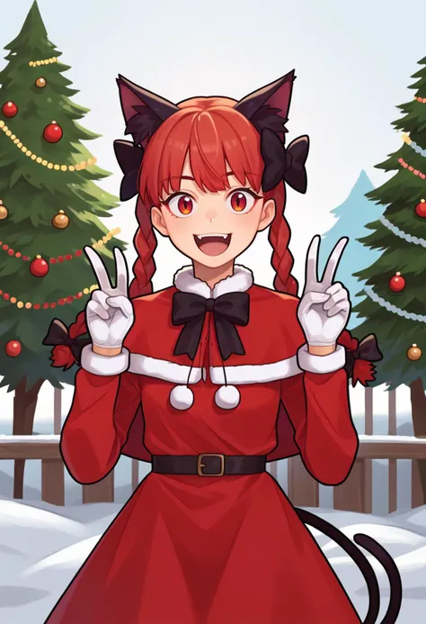 score_9, score_8_up, score_7_up, solo, 1girl, kaenbyou rin, happy, looking at viewer, standing, double v, twin braids, hair bow, black bow, animal ears, christmas, red capelet, red dress, fur-trimmed dress, long sleeves, white gloves, cat tail, multiple tails, outdoors <lora:touhou_kaenbyou_ponyXL:1>