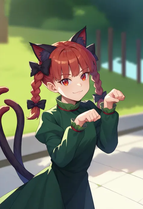 score_9, score_8_up, score_7_up, source_anime, solo, 1girl, kaenbyou rin, smile, looking at viewer, standing, paw pose, twin braids, hair bow, black bow, animal ears, green dress, long sleeves, puffy sleeves, cat tail, multiple tails, outdoors <lora:touhou_kaenbyou_ponyXL:1>