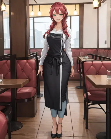 best quality, (masterpiece:1.2), illustration, absurdres,
(1girl), (solo), (beautiful detailed girl), full body,
<lora:Paulette-08:0.9>, Paulette, red hair, long hair, green eyes, large breasts,
white shirt, blue pants, black apron, red shoes,
gentle, smile,
(inside restaurant, inside bistro:1.1), tables, chairs,