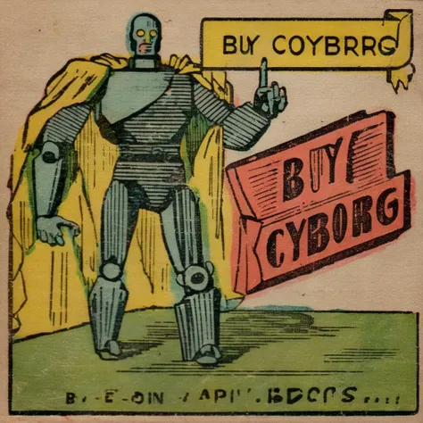 manucolgraf text" Buy Cyborg!", advertising for a home cyborg <lora:manucolgraf:0.8>