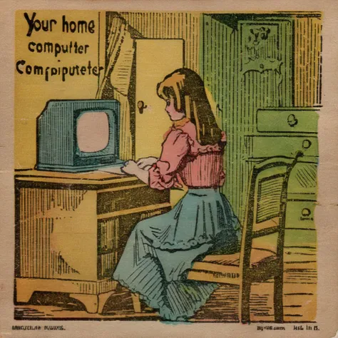 manucolgraf text "your home computer" advertisement, girl in the room sitting at the computer  <lora:manucolgraf:0.8>