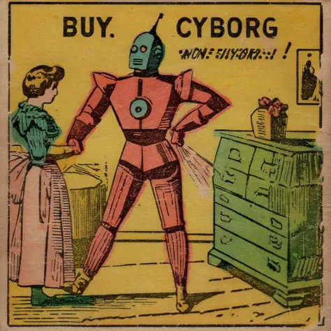 manucolgraf text" Buy Cyborg!", advertising for a home cyborg <lora:manucolgraf:0.8>