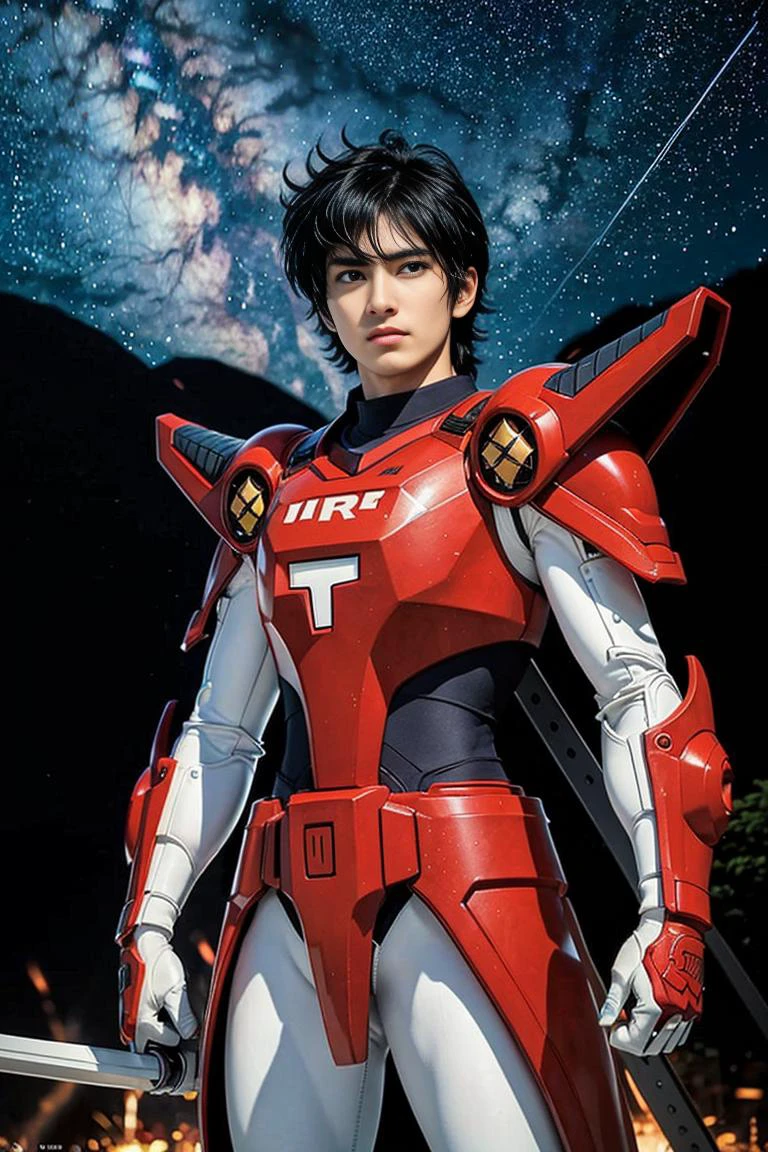 Rekka_Ryo ,<lora:Samurai_Trooper_Rekka_Ryo_v1:0.35>,(MASTERPIECE:1.2),(REALISTIC:1.4), black hair,Lanky,armor,
(masterpiece, ultra quality, high resolution, 16k, intricate: 1.2), (detailed face:1.2),(photorealistic:1.4),handsome,male focus, portrait,
looking away, starry sky, night, star,stone,
