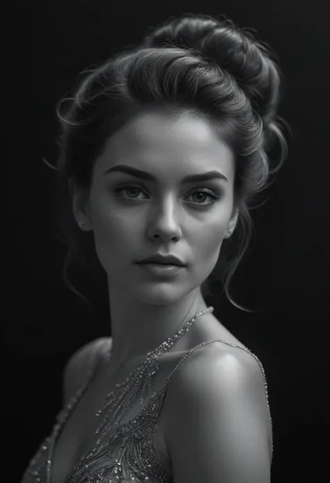 the drawing shows a woman with hair in an updo,in the style of hyperrealism and photorealism,glamorous hollywood portraits,trace monotone,realistic and hyper-detailed renderings,shiny/glossy,32k uhd,detailed character illustrations,(dark black background:1.5),, ultra quality, ultra detailed, intricate details, 8k, dramatic light, Bokeh, tilt-shift<lora:RealisticBodyWriting_v1:1>