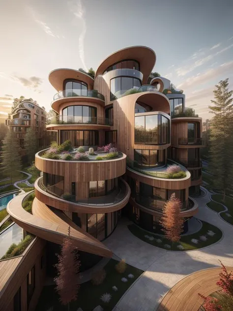 building , curved, (craftsman:1.1), extreme architecture, beautiful landscape design, hyperrealism, ultra wide shot, Exterior view, dramatic, sunset (masterpiece, best quality), realistic<lora:xsarchitectural-2:0.7>