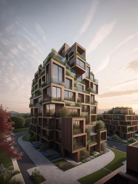 building , extreme architecture, beautiful landscape design, hyperrealism, ultra wide shot, Exterior view, dramatic, sunset (masterpiece, best quality), realistic<lora:xsarchitectural-2:0.7>