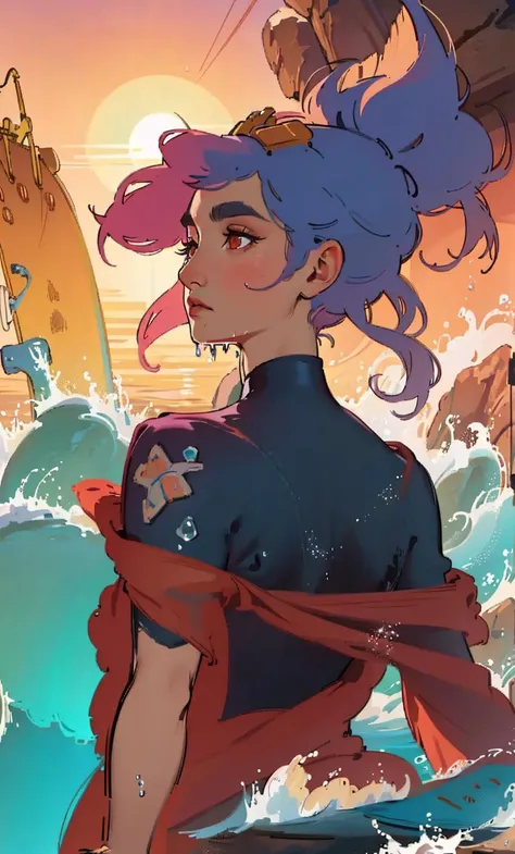 ((masterpiece)),(best quality),official art,extremely detailed CG,stylized,taliyahpoolparty on a rocky coast by the sea,<lora:de-anime-er_v10:-0.4>,(full body:0.8),<lora:MuchaV2-0.1-3-b31-bf16-D128-A1-1-ep64-768-DAdaptation-cosine>,simple background,upper body portrait,<lora:TaliyahLoLv3:0.9>,(art nouveau:0.9),(looking away:0.7),(interesting composition and pose:0.8),floating rocks,bushy eyebrows,big nose,<lora:add_detail:-2>,glistening sun,surfing on a surfboard in the water,surfer girl,glowing water splashes,sexy midriff,
wet skin,