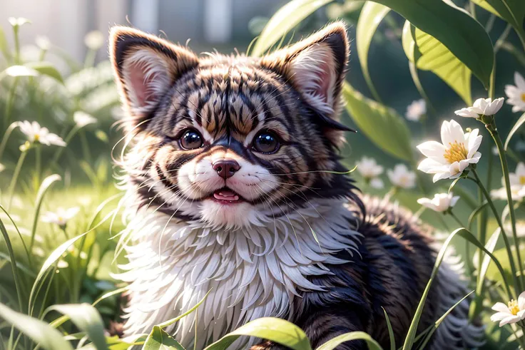 complex background, beautiful lighting, deep shadow, best quality, masterpiece, ultra highres, photorealistic, lots of small details, soft colors, volumetric lighting, scifi, contrast:0.5, 
solo:1.4,  (main_coon:1.2), (corgi:0.8), cute, animal, forest, grass, willow trees, flower petals, ultra fluffy, cutemaomao, 
<lora:add_detail:1> 
<lora:mangguo:0.2>
<lora:main_coon:1> 
<lora:RPGcat:0.5>  
<lora:galaxy_gods:0.5>