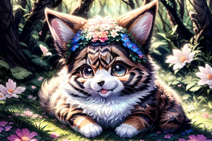 complex background, beautiful lighting, deep shadow, best quality, masterpiece, ultra highres, photorealistic, lots of small details, soft colors, volumetric lighting, scifi, contrast:0.5, 
solo:1.4,  (main_coon:1.2), (corgi:0.8), cute, animal, forest, grass, willow trees, flower petals, ultra fluffy, cutemaomao, 
<lora:add_detail:1> 
<lora:mangguo:0.2>
<lora:main_coon:1> 
<lora:RPGcat:1>