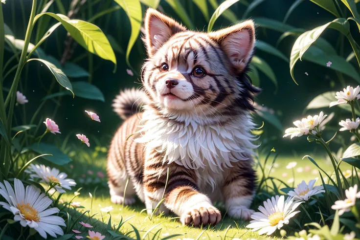 complex background, beautiful lighting, deep shadow, best quality, masterpiece, ultra highres, photorealistic, lots of small details, soft colors, volumetric lighting, scifi, contrast:0.5, 
solo:1.4,  (main_coon:1.2), (corgi:0.8), cute, animal, forest, grass, willow trees, flower petals, ultra fluffy, cutemaomao, 
<lora:add_detail:1> 
<lora:mangguo:0.2>
<lora:main_coon:1> 
<lora:RPGcat:0.5>  
<lora:galaxy_gods:0.5>