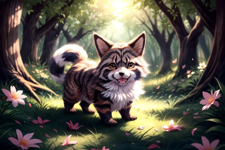 complex background, beautiful lighting, deep shadow, best quality, masterpiece, ultra highres, photorealistic, lots of small details, soft colors, volumetric lighting, scifi, contrast:0.5, 
solo:1.4,  (main_coon:1.2), (corgi:0.8), cute, animal, forest, grass, willow trees, flower petals, ultra fluffy, cutemaomao, 
<lora:add_detail:1> 
<lora:mangguo:0.2>
<lora:main_coon:1> 
<lora:RPGcat:0.5>