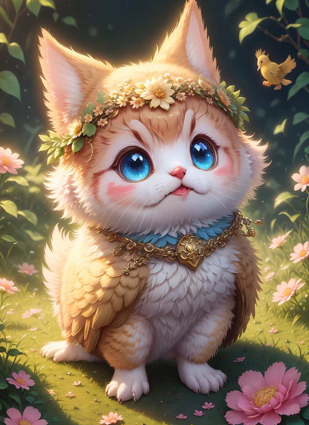 1 gold bird, cutemaomao, <lora:supercutecat_10:0.5>