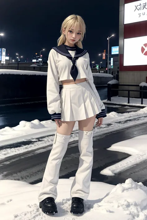 y2k fashion, 1girl, full body, white legwarmers,long sleeves, city background, best quality, masterpiece, solo,sailor suit, snow,blonde,tan,pantyhose,long muffler,super mini pleated skirt,harajyuku,tokyo,
<lora:LegwarmersY2K:0.8> <lora:enako-v2:0.25>