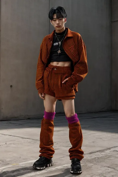 RAW photo, man wearing y2k fashion, full body, legwarmers, bright colors, best quality, masterpiece, 1boy, solo, 8k, fashion photography, men's fashion  <lora:LegwarmersY2K:0.8>