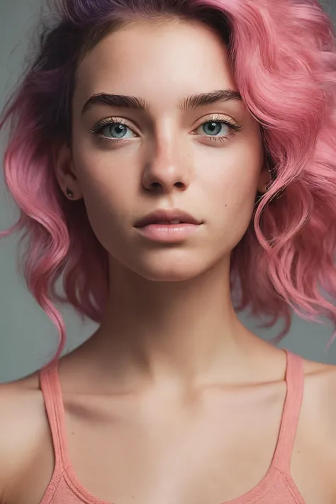 Generate a close-up image that captures an 18-year-old girl with rainbow-colored hair and a sweaty face, looking seductively and directly into the camera, wearing skimpy pink sportswear, perhaps after a strenuous workout or sports activity.