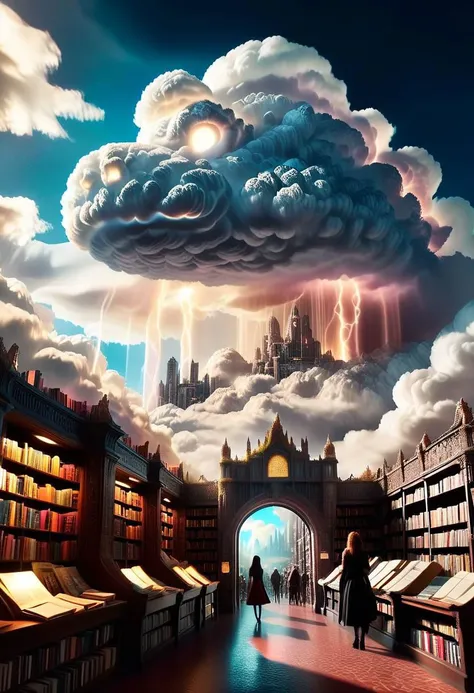photography, cinematography, fantasy, (Vintage bookstore) in a techno-pessimistic, ghostly fantasy cloud city beyond reality+++, a masterpiece