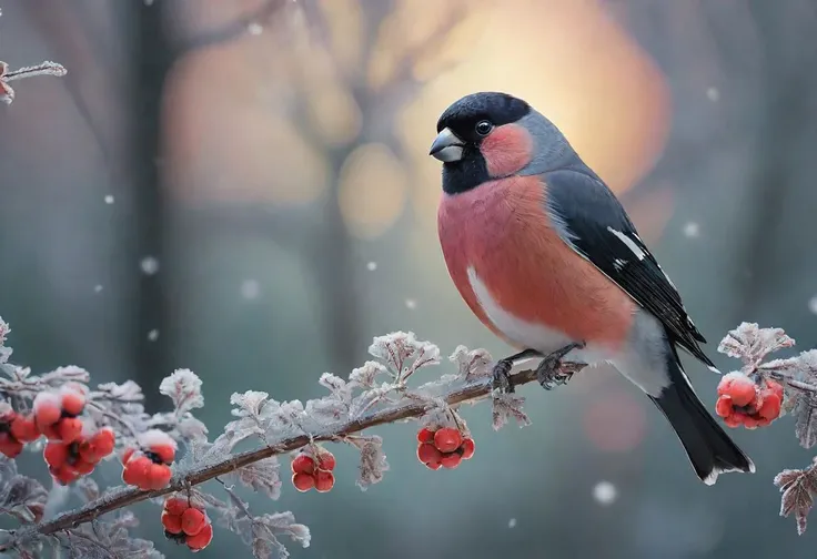 one male Bullfinch bird balanced on frost-kissed mountain ash,
highlighted by glowing,
sizeable snowflakes catching the sun's rays,
purple plumage standing out against the subtle hues of the serene,
winter backdrop,
each delicate snowflake uniquely intricate,
forest setting softly out of focus behind,
branches bearing bright purple berries encased in ice,
dappled sunlight creating a dreamy,
enchanting ambience,
8k uhd