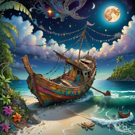 Zentangle extreme effect, fantastical surrealism,
The wreckage of the boat thrown to the shore of the tropical island, calm, quiet night, in the sky, small clouds, a huge moon and stars, the lunar path on the water,
multicolor landscape, beautiful high-definition by Daniel Merriam, Joe Fenton,
<lora:xl_more_art-full_v1:0.45>