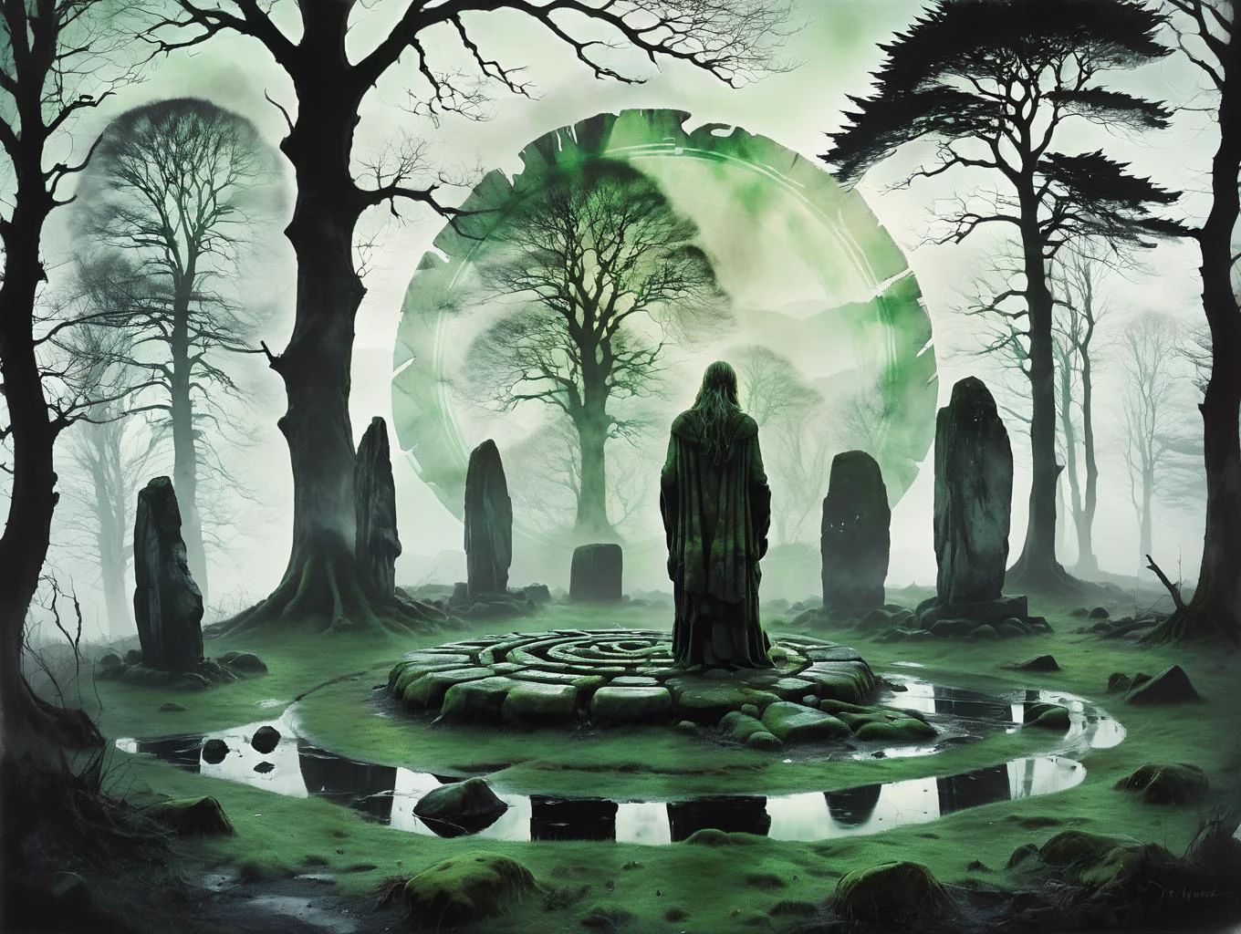 fluid ink painting, muted colours mostly green black and white, (Double exposure effect:1.5) a mysterious abandoned celtic stone circle with the hidden silhouette of a druid, foggy lush atmosphere, superimposed against dark irish landscape by Brandon Kidwell, Andreas Lie ,Dan Mountford, Dan Hillier ,Conrad Roset, Erik Johansson, ink canvas, fine art, dramatic light, photoillustration, amazing depth, hyperdetailed, dramatic misty scenery,impressing masterwork by head of prompt engineering <lora:hyperkraximalism:0.2>