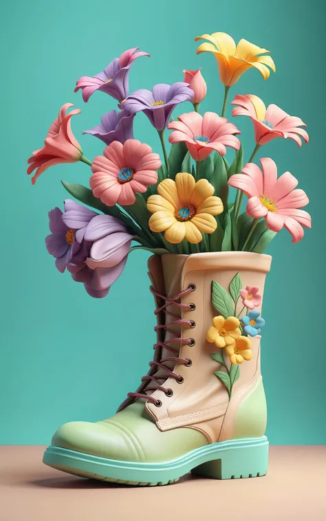 A clay boot with flowers inside, pastel colors, soft, dreamlike, surrealism, simple background, intricate details, 3D rendering, octane rendering. Beautiful, perfect, masterpiece of the best quality.