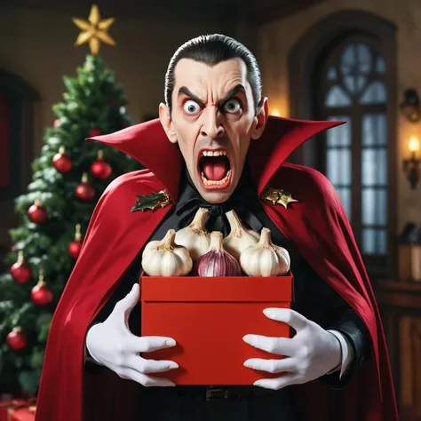 dracula holding a box with garlic inside, shocked face, vampire, christmas tree, at home, detailed, masterpiece, <lora:shocked:0.5> shocked, nonplussed