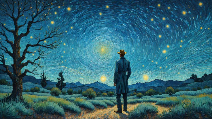 deepredict,A man stands in the wilderness,blue dot light spinning,Vincent van Gogh's painting style,pointillism style,magnificent landscapes,illustrations,negative space,intagliography,art,minimalism,<lora:xl_more_art-full_v1:0.5>,