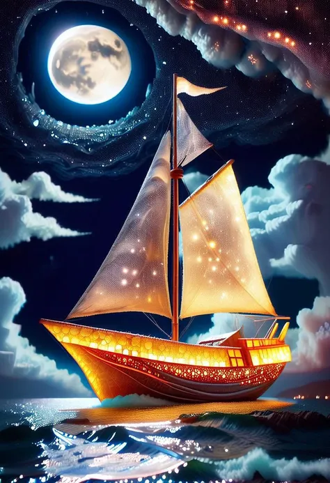 Illuminated ("The moon, a silver boat, sails through the sea of stars, painting dreams on the night sky.":1.2) , Suffering, hillside, Cubism, side lit, Selective focus, Kodachrome, gilded technique, Batik