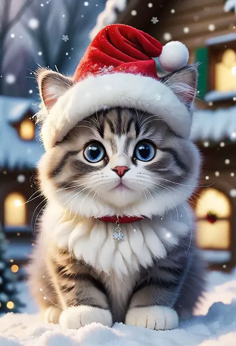 Imagine a heartwarming scene set in a Christmas wonderland, where the focal point is the most adorable fluffy cartoon cat you've ever seen. Picture this cat adorned with a tiny Santa hat, its fur glistening with snowflakes. The surroundings are a dreamy blend of snowy landscapes, twinkling lights, and festive decorations. As viewers immerse themselves in this enchanting setting, they should feel a sense of warmth, nostalgia, and pure joy. Capture the essence of the holiday spirit through this lovable feline, ensuring that every detail from its playful eyes to its fluffy tail radiates charm and festive cheer.
intense, photorealistic lighting and cinematic lighting quality, (sharp focus), backlighting, photo realistic, highly detailed,
a colorized photo, RAW format, 8K photorealistic image, superflat, 4k, ultra hd, high resolution , UHD, shot with a professional DSLR camera like Fujifilm XT3, Sony A7IV, Nikon D850, Sony A9 II, Canon EOS R5,
The final image should be a professional, award-winning masterpiece with (sharp focus:1.2),, (intricately detailed, hyperdetailed), HDR, (extremely detailed 8k wallpaper), high quality, intense, intricate, highly detailed, octane render, fine detail, ultra realistic, crisp, super sharp, studio quality, masterpiece, best quality, UHD, Film grain, photorealistic, trending on cg society