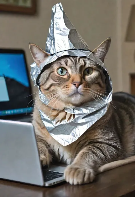 A cat wearing a tin foil hat, looking at a laptop screen.