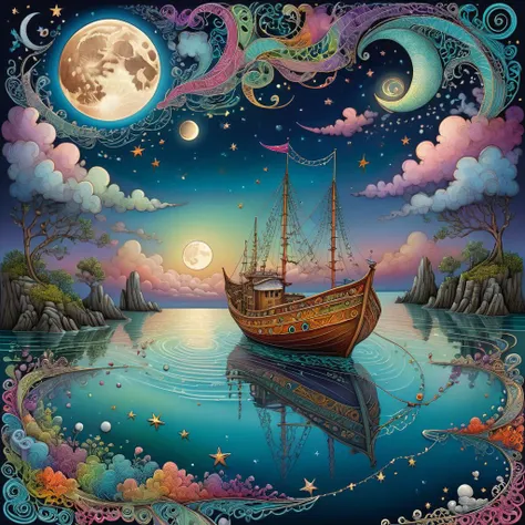 Zentangle extreme effect, fantastical surrealism,  
The boat floats along the calm sea, a quiet night, in the sky is small clouds, a huge moon and stars, the lunar path on the water,,
multicolor landscape, beautiful high-definition by Daniel Merriam, Joe Fenton,
<lora:xl_more_art-full_v1:0.45>