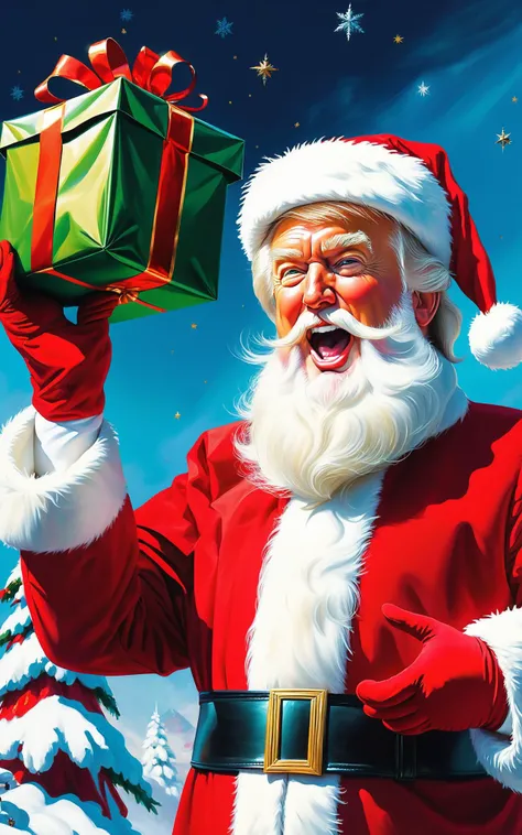 Highly detailed, Impressionistic style painting, the distinct form of a jubilant Donald Trump donning Santa's attire with a generous white beard, wearing vibrant red gloves, holding aloft a Christmas present, his posture frontal and captivating, North Pole dramatically reconstructed in the backdrop, artfully captured in 8k, ultra-realistic, detailed to the maximum accuracy.