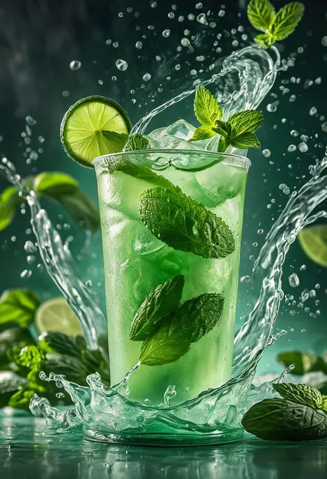 the mint cucumber drink, in the style of a product hero shot in motion, dynamic, masterpeace, extremely detailed, iced