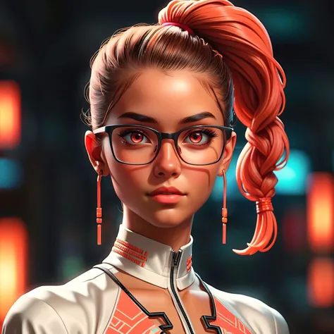Photorealistic, ((sharp)) , 20yo american lady, delicate indianred eyes, coral ponytail , glasses, silk skin texture, looking at camera, tech noir, pixel art, vibrant