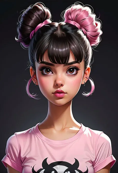 medium shot, (cell shading style: 1.3), centered image, ultra detailed illustration of cute white 23 year old female , black double bun hair and bangs, wears a pink t-shirt, is a vampire, Brown eyes. (tetradic colors), inkpunk, (ink lines: 1.1), strong outlines, art by MSchiffer, bold strokes, no frame, high contrast, (cel-shaded: 1.1), vector, 32k resolution, best quality, colors flat, flat lights