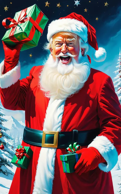 Highly detailed, Impressionistic style painting, the distinct form of a jubilant Donald Trump donning Santa's attire with a generous white beard, wearing vibrant red gloves, holding aloft a Christmas present, his posture frontal and captivating, North Pole dramatically reconstructed in the backdrop, artfully captured in 8k, ultra-realistic, detailed to the maximum accuracy.