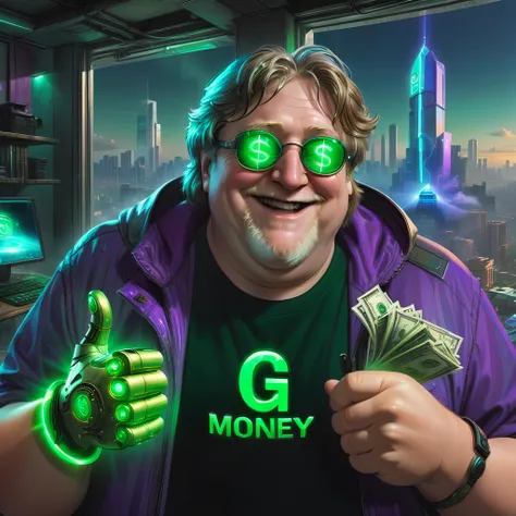 Cyberpunk Gabe Newell, bright green text on shirt says, "G Money", laughing, steam summer sale, hacker, Gaben has all your money, glowing green dollar sign for eyes, greed, holding money in his hand, futuristic, sci-fi, glowing green mechanical glove, cityscape, rooftop, luxury suite, thumbs up, cyberpunk, cyberpunk art, perfect light,