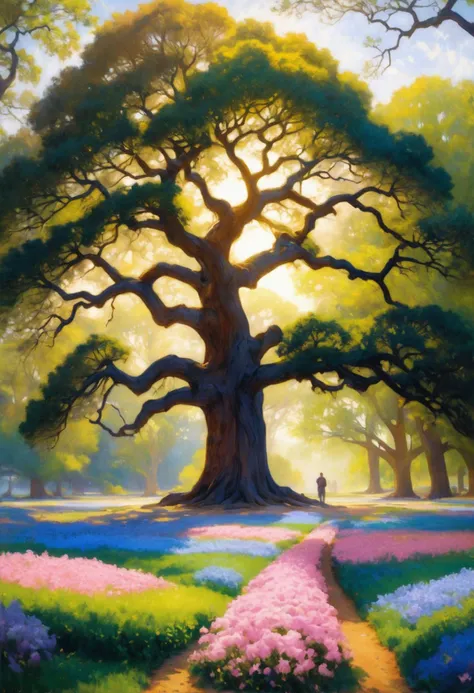 art by Robert Vonnoh, Pencil painting, landscape of The Angel Oak, flower field, Bathed in shadows, Art Nouveau, CMYK Colors