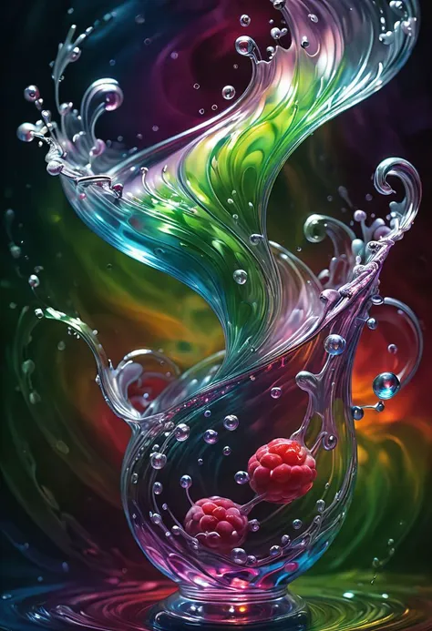 berry drink glass, swirl, splashes, waves,  close-up, masterpeace, fluid, flora, glowing colors, pearl,  magic