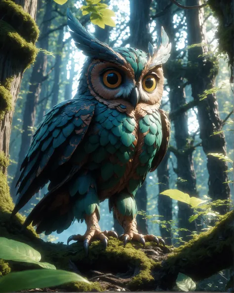 cinematic close up still looking up at a nature elemental ent owl creature made entirely of foliage with magical runes in a magical forest clearing ruins, cinematic Pixar Disney 3D CGI octane render, close up, nature elemental, mythical creature, owl, wings, ent, magical runes, forest clearing, ruins, eldritch, shiny intricate details, sharp, 3D rendering, cinematic lighting, unreal engine, blender